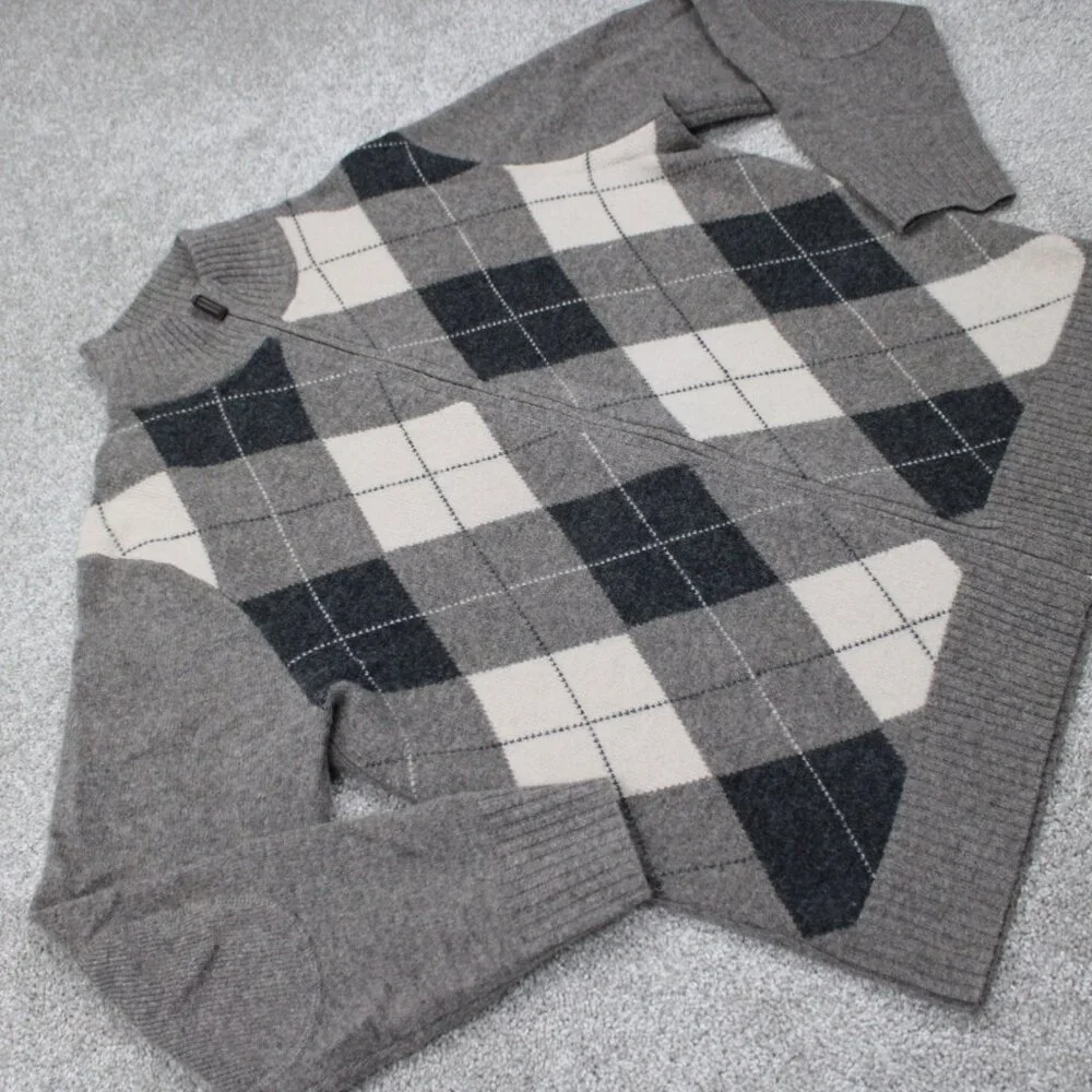 J Crew Lambswool‎ Sweater Mens Large Gray/Blue Argyle Full Zip L/S Sweatshirt